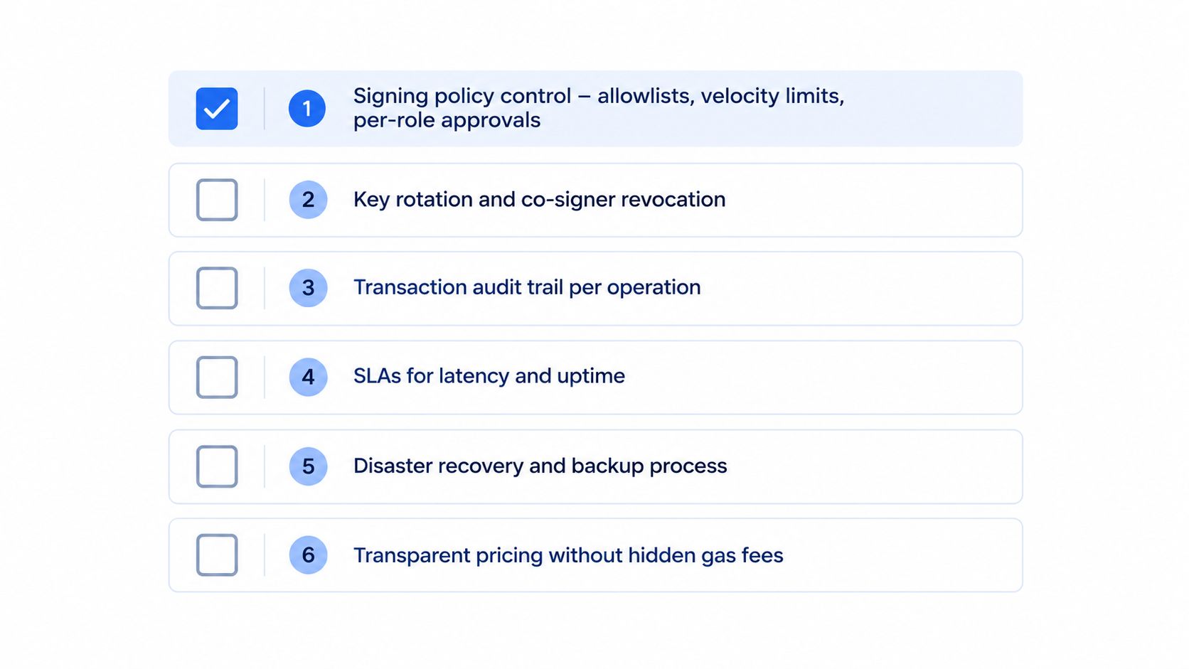 A checklist showing key security and operational features for crypto infrastructure services like policy control and audits.