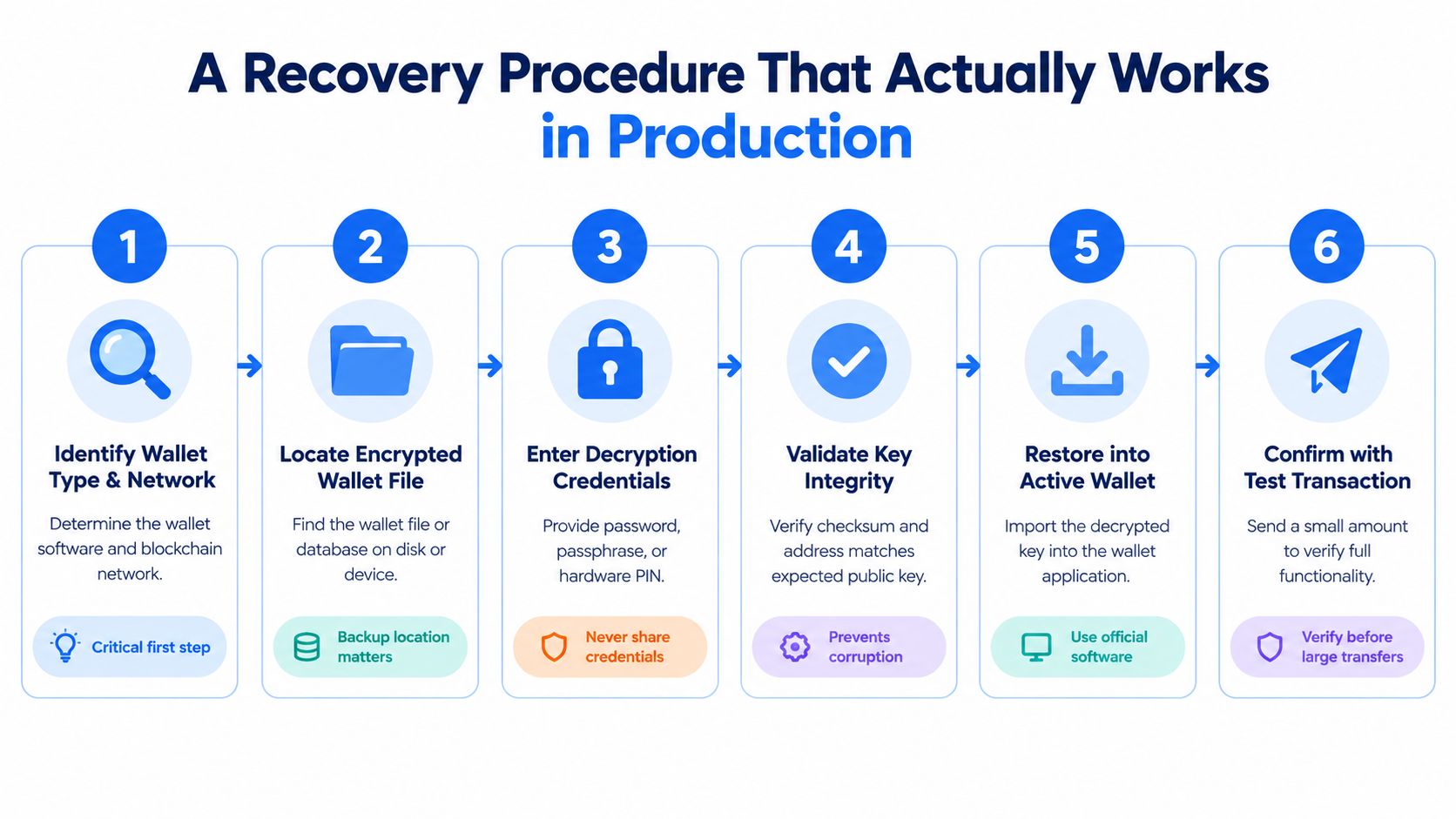 A six-step infographic guide detailing the secure production recovery procedure for cryptocurrency wallets and private keys.