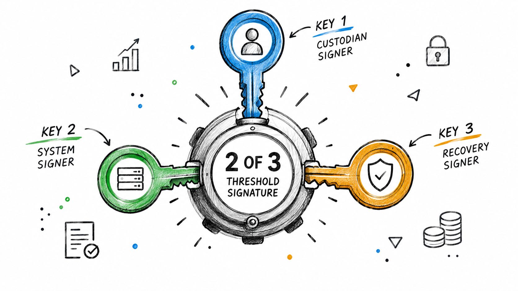 A diagram illustrating a 2 of 3 threshold signature security scheme involving custodian, system, and recovery keys.