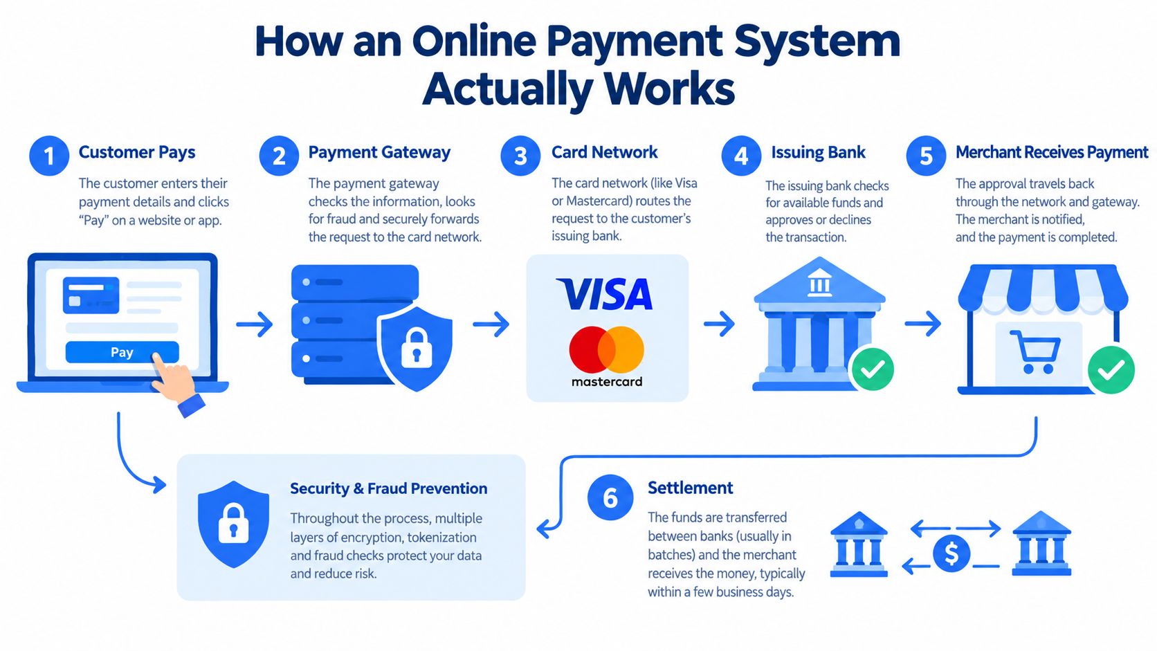 An infographic illustrating the six-step online payment process from customer checkout to final merchant settlement.