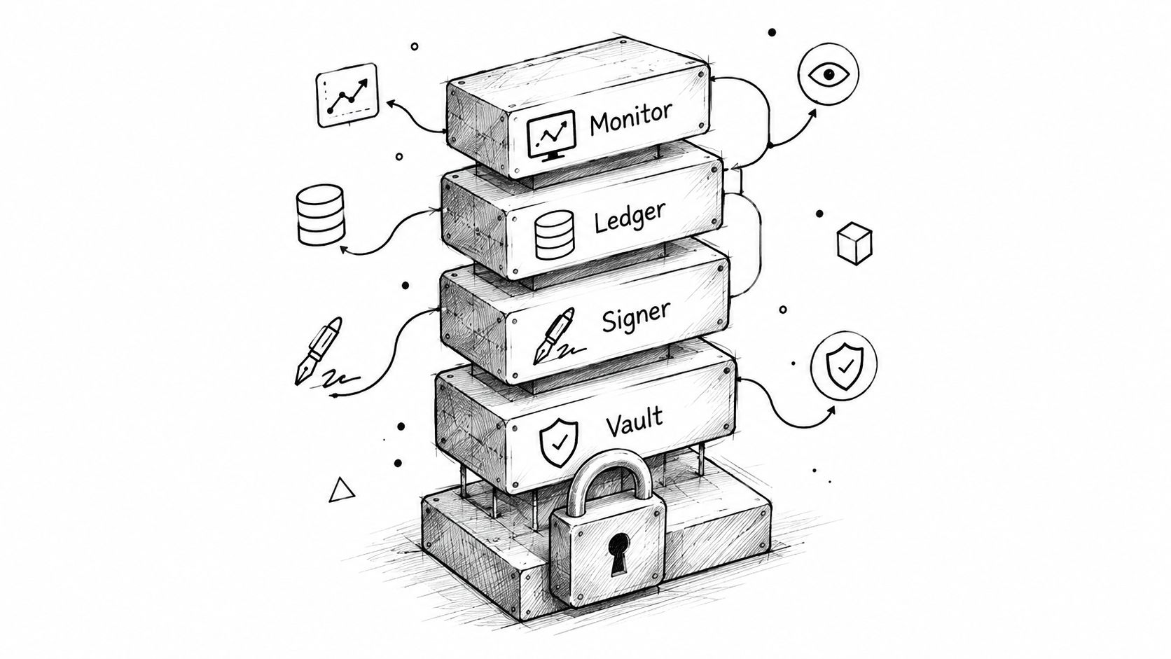 A conceptual hand-drawn diagram illustrating a layered security architecture for assets in custody including monitor, ledger, signer, and vault.