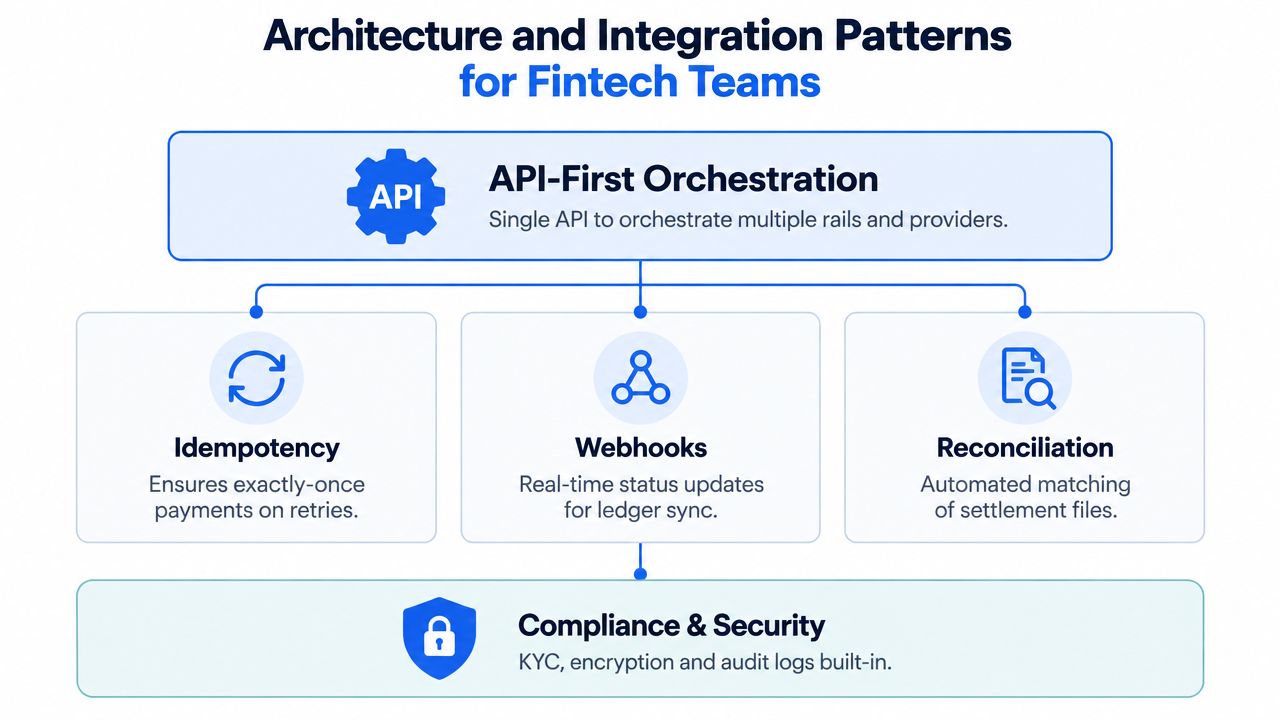 A diagram illustrating architecture and integration patterns for fintech teams including API-first orchestration, idempotency, webhooks, and security.