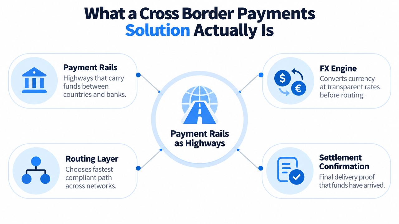 A diagram illustrating the four key components of a cross-border payments solution: payment rails, FX engine, routing layer, and settlement confirmation.