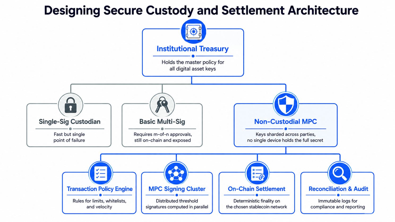 A diagram illustrating a secure architecture for institutional digital asset custody and cross-border stablecoin settlement.