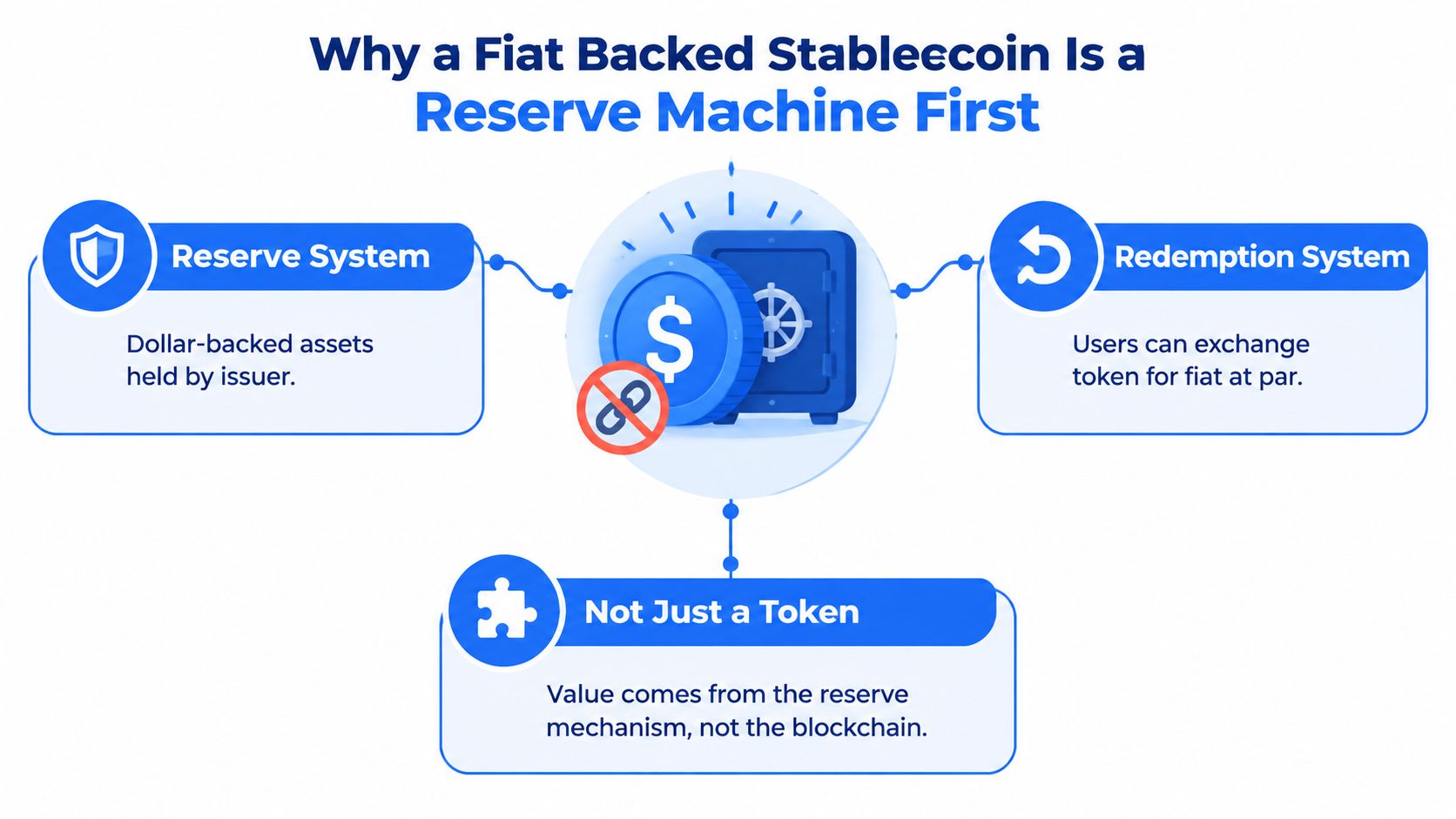 A diagram explaining that a fiat backed stablecoin operates primarily as a reserve system with redemption.