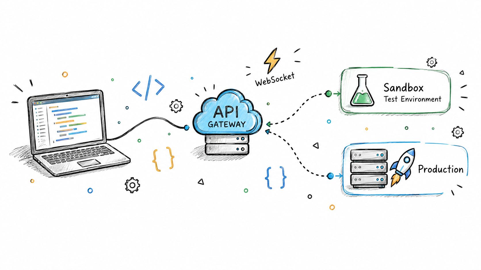A hand-drawn illustration showing a laptop connecting to an API gateway that routes to sandbox and production environments.