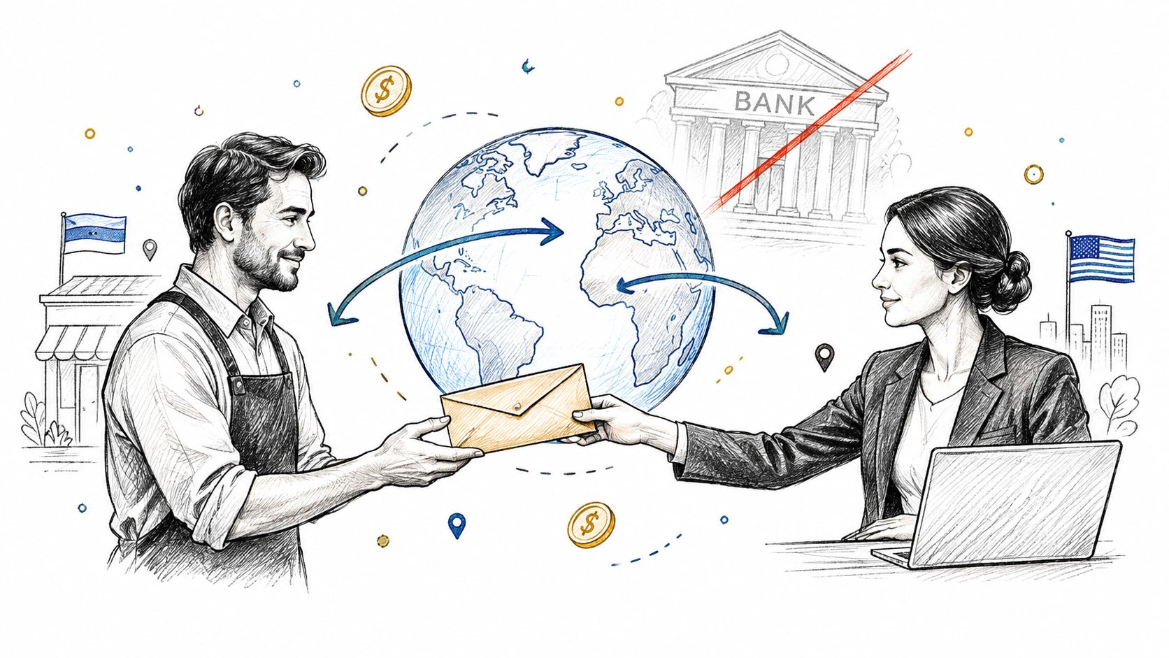 A professional illustration showing a merchant and a businesswoman exchanging a digital asset across a global network.