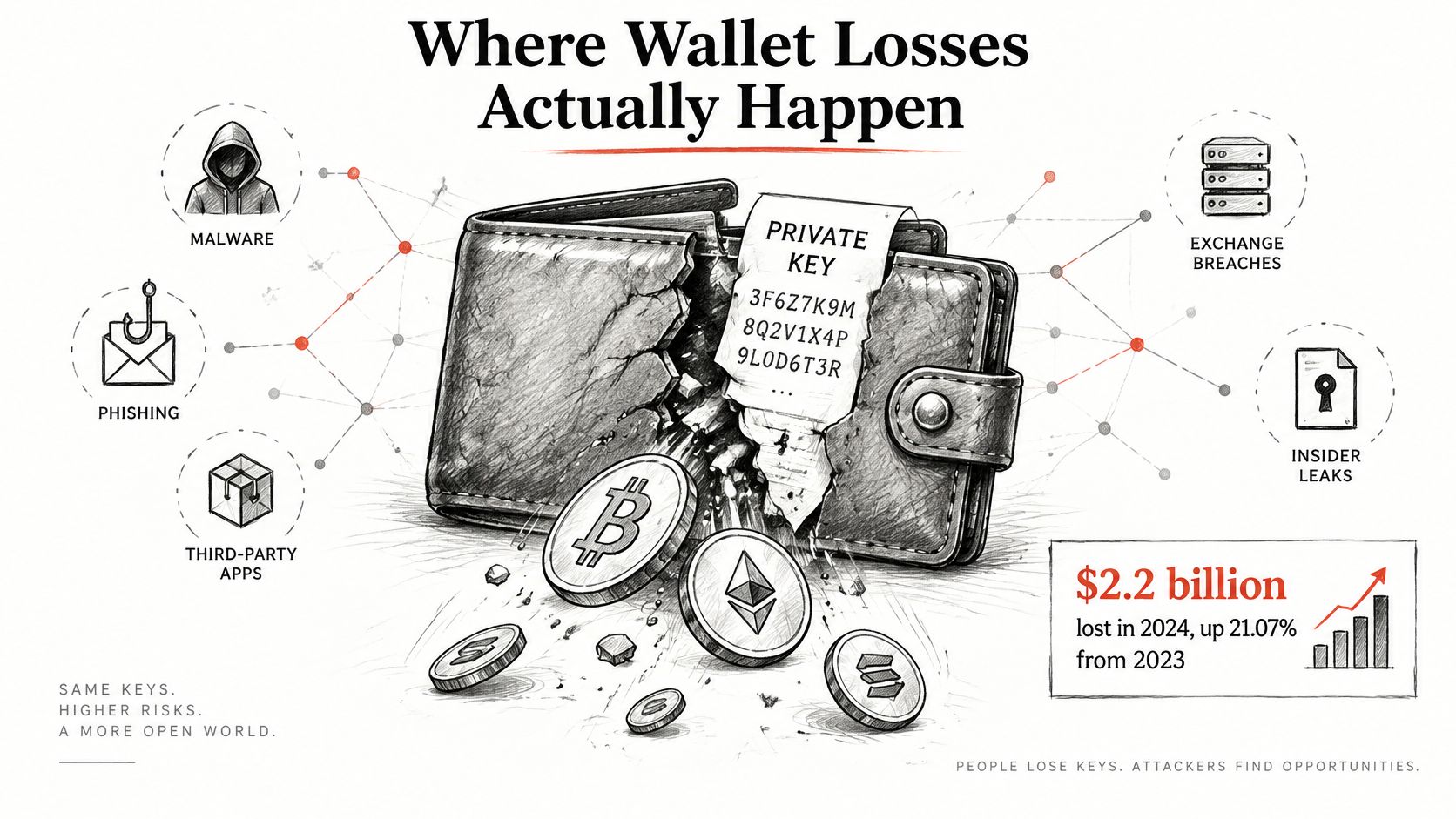 A digital illustration showing a broken wallet exposing private keys, representing cryptocurrency theft and financial security risks.