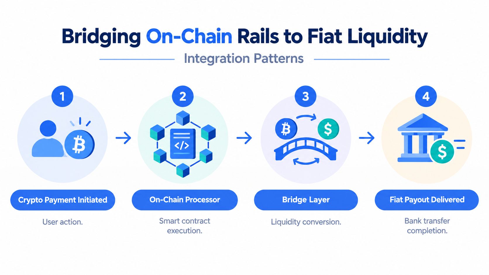 A four-step infographic showing the process of converting cryptocurrency payments into fiat bank transfers.