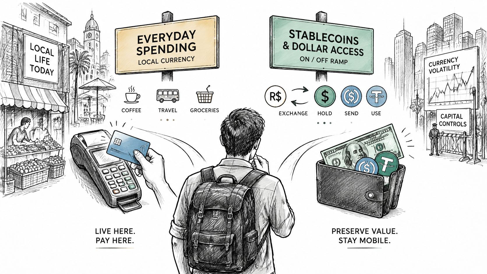 A person stands between options for everyday local currency spending and using stablecoins for value preservation.