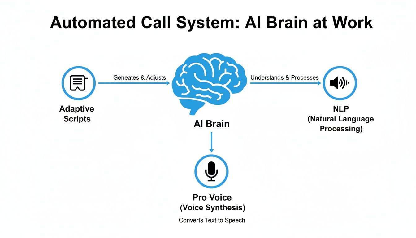 Diagram illustrating an automated call system powered by an AI brain for adaptive scripting, natural language processing, and voice synthesis.
