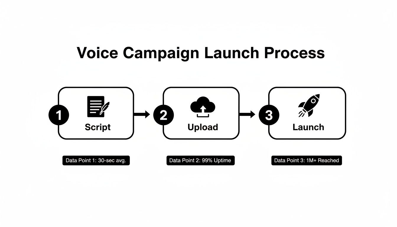 A three-step voice campaign launch process with script, upload, and launch stages, including data points.