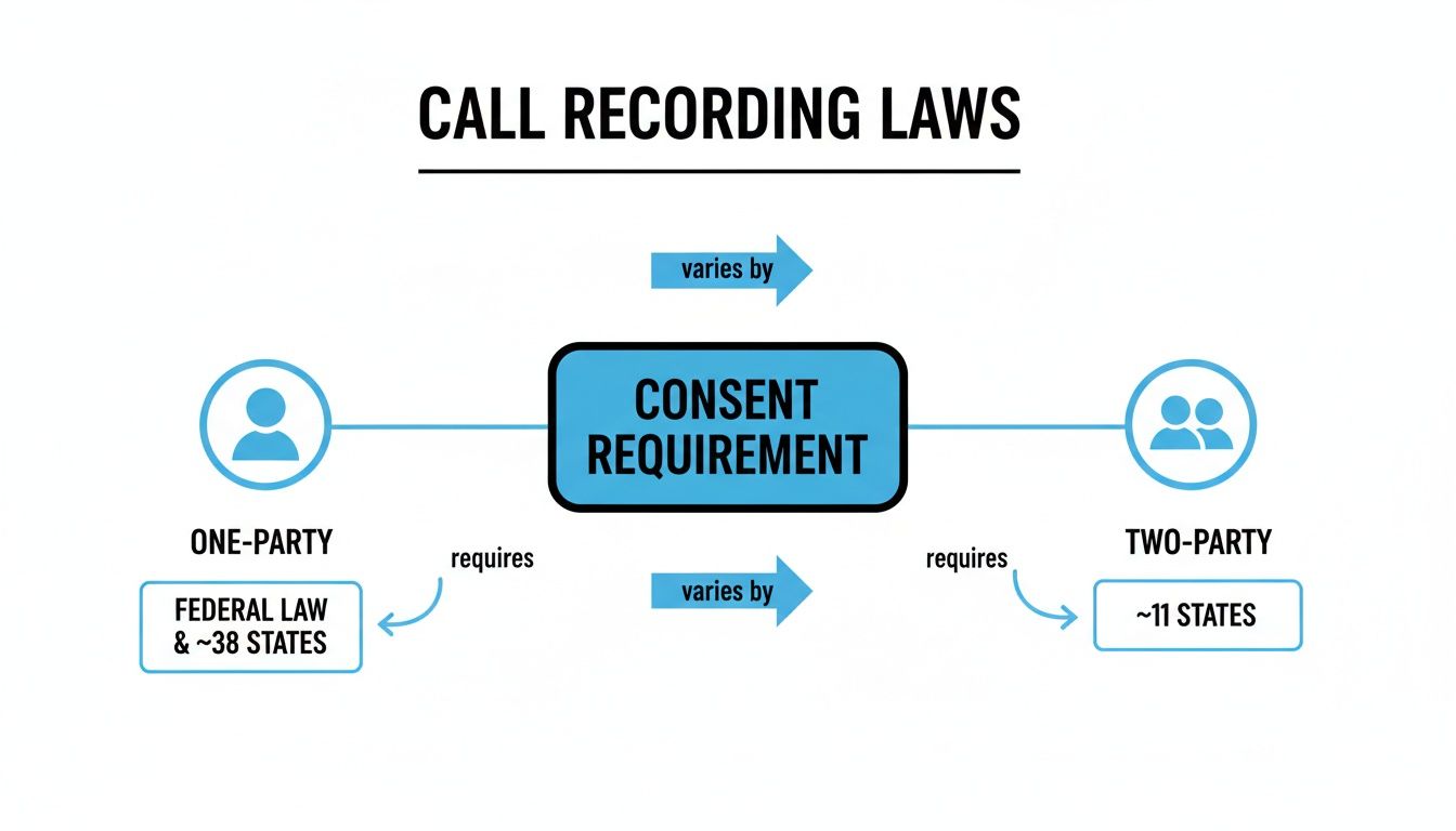 Flowchart illustrating call recording consent laws, distinguishing between one-party and two-party requirements across states.