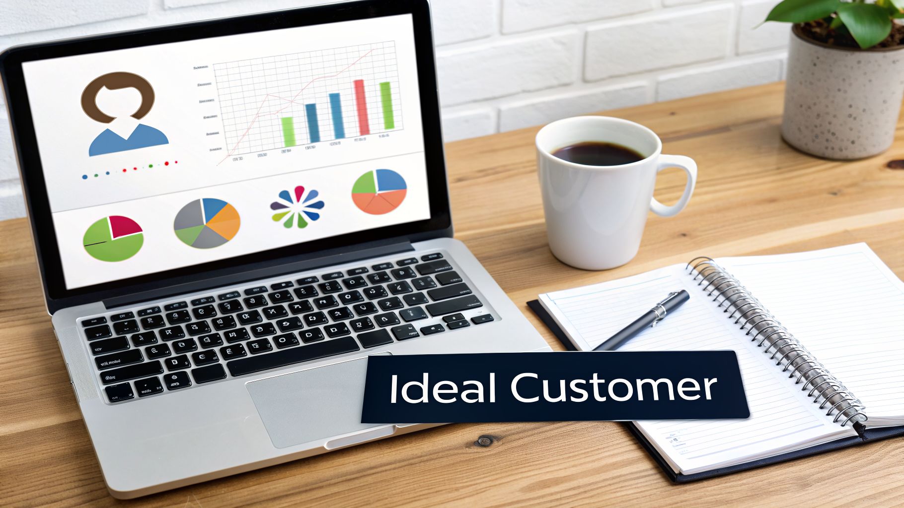 A laptop displays customer analytics with charts, next to a coffee, notebook, and a label saying 'Ideal Customer'.