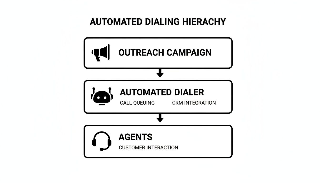 A hierarchy diagram illustrating the automated dialing process, from outreach campaigns to agents handling customer interaction.