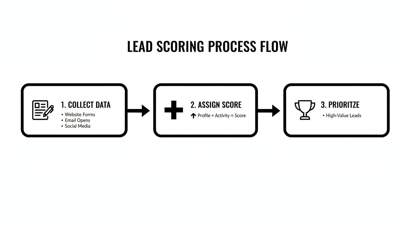 A three-step lead scoring process flow diagram showing data collection, score assignment, and prioritization.