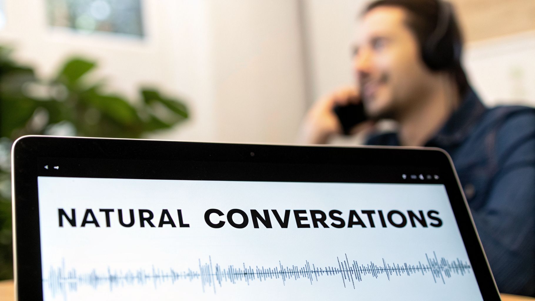 Laptop screen displaying 'NATURAL CONVERSATIONS' and an audio waveform, with a man wearing headphones.