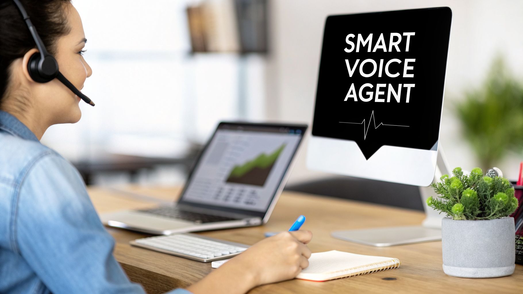 Woman with headset at desk, computer shows 'SMART VOICE AGENT', making notes.
