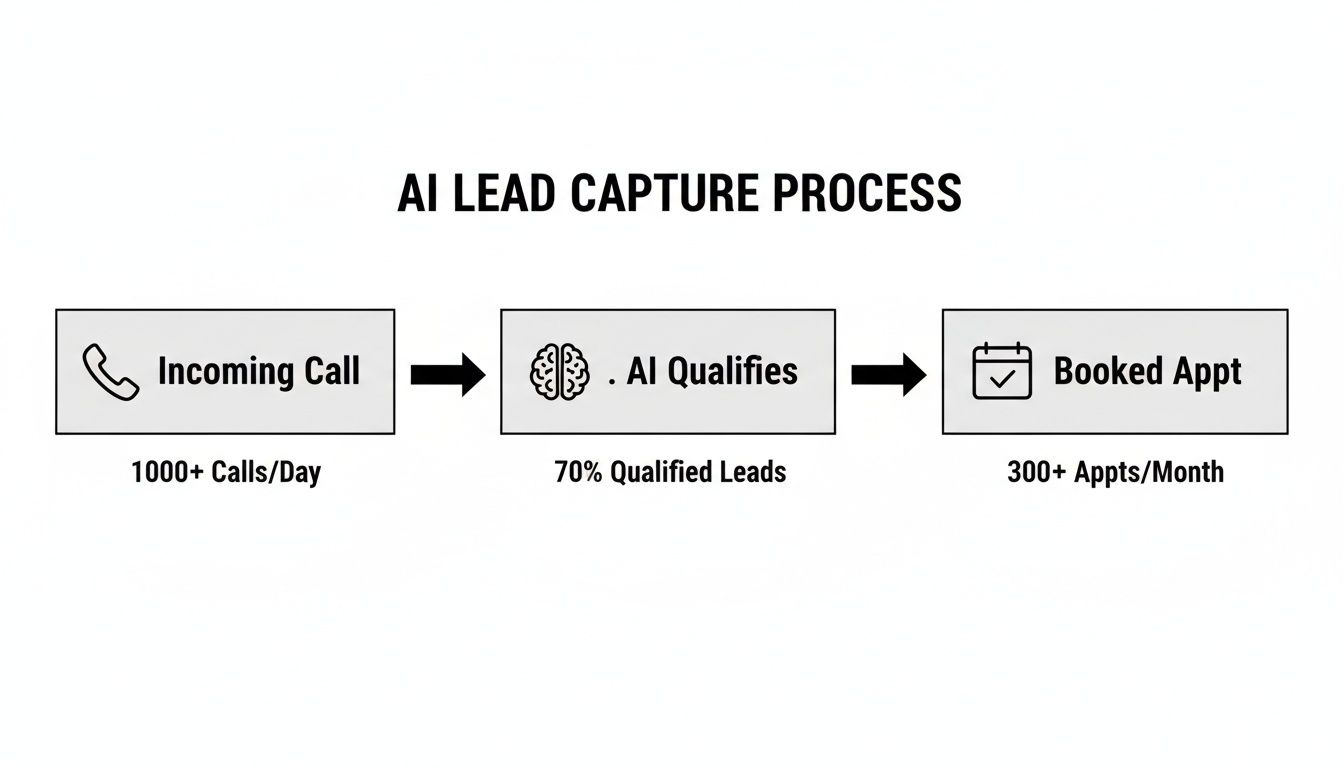 Flowchart showing an AI lead capture process from incoming calls, AI qualification, to booked appointments with key metrics.
