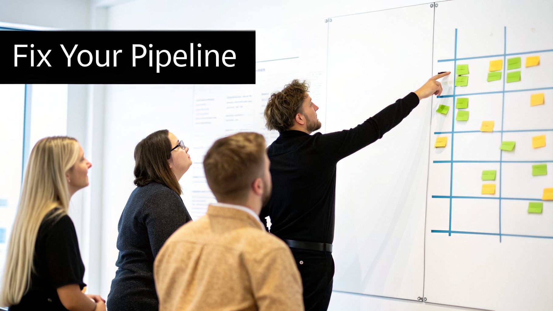 A group of professionals collaborates on a whiteboard with sticky notes during a business strategy meeting.