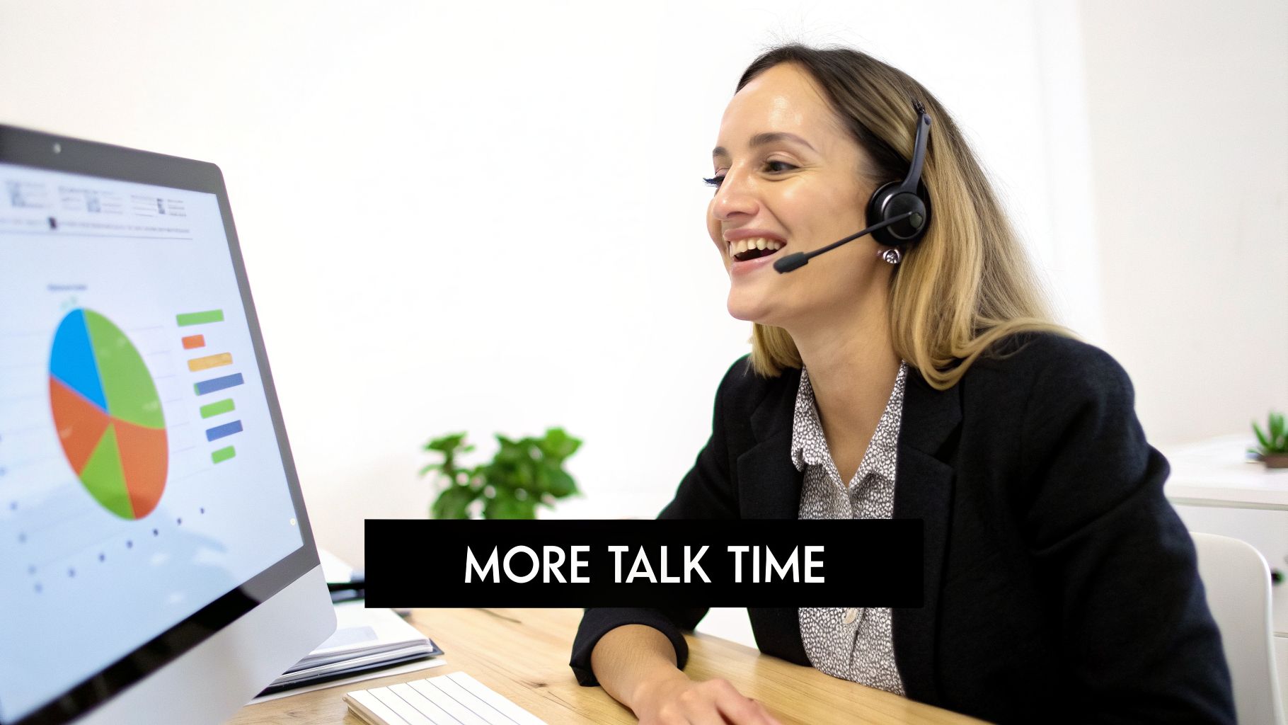 A smiling call center agent with a headset looks at data charts on a computer screen.