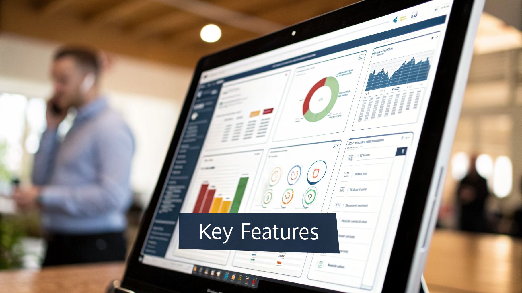 A laptop screen displays a data dashboard with charts and graphs, overlaid with 'Key Features' text.
