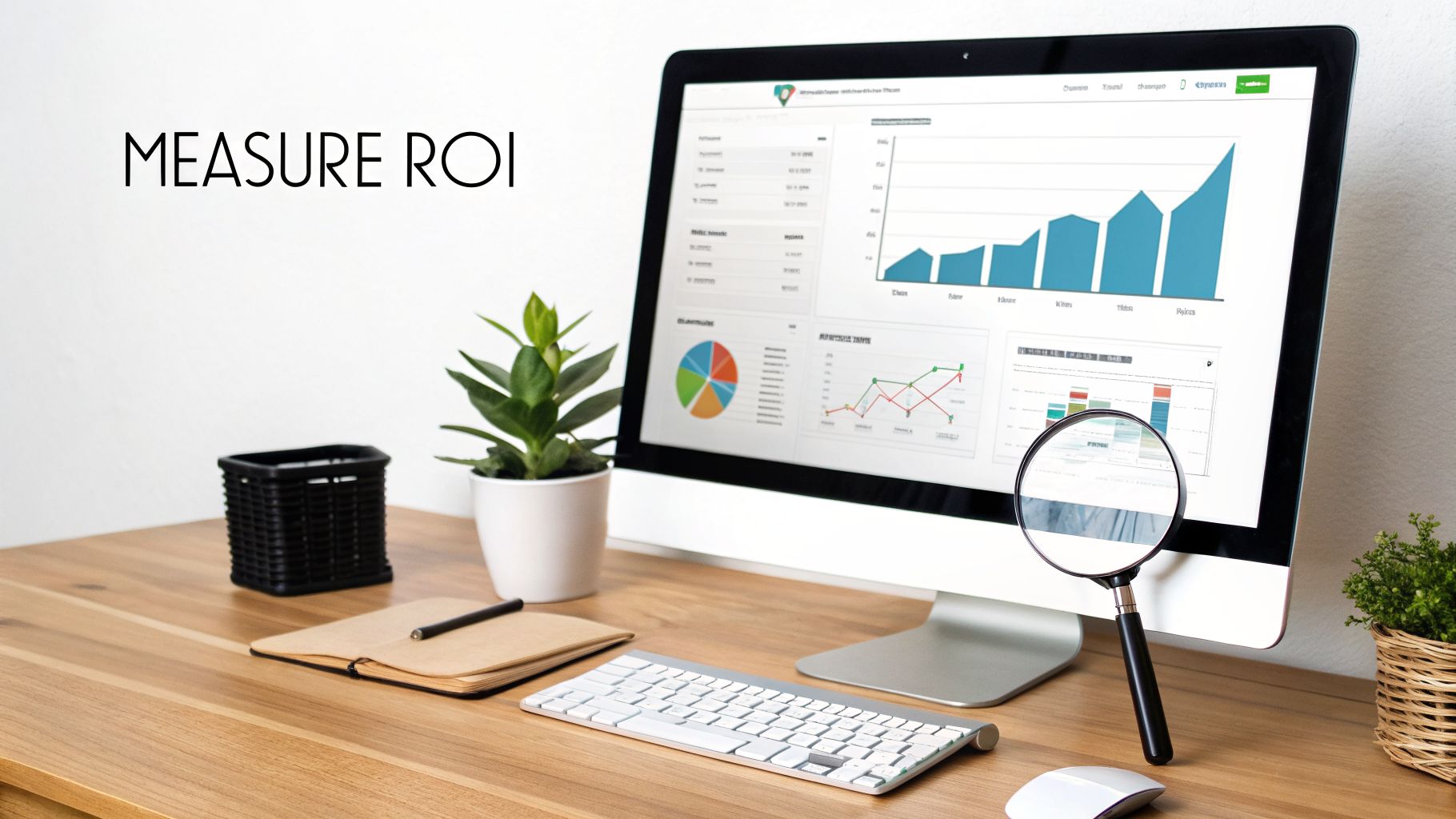 A desk setup with a computer displaying ROI measurement graphs, a plant, notebook, and magnifying glass.
