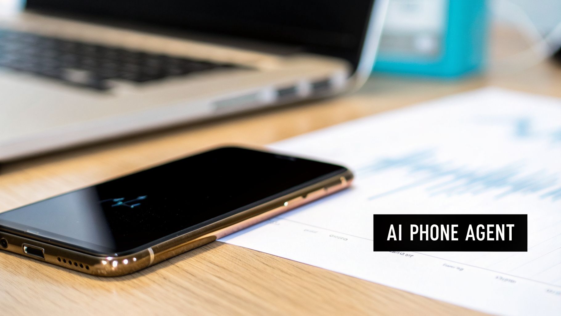 A smartphone with 'AI PHONE AGENT' on its screen rests on a wooden desk next to a laptop and paper.
