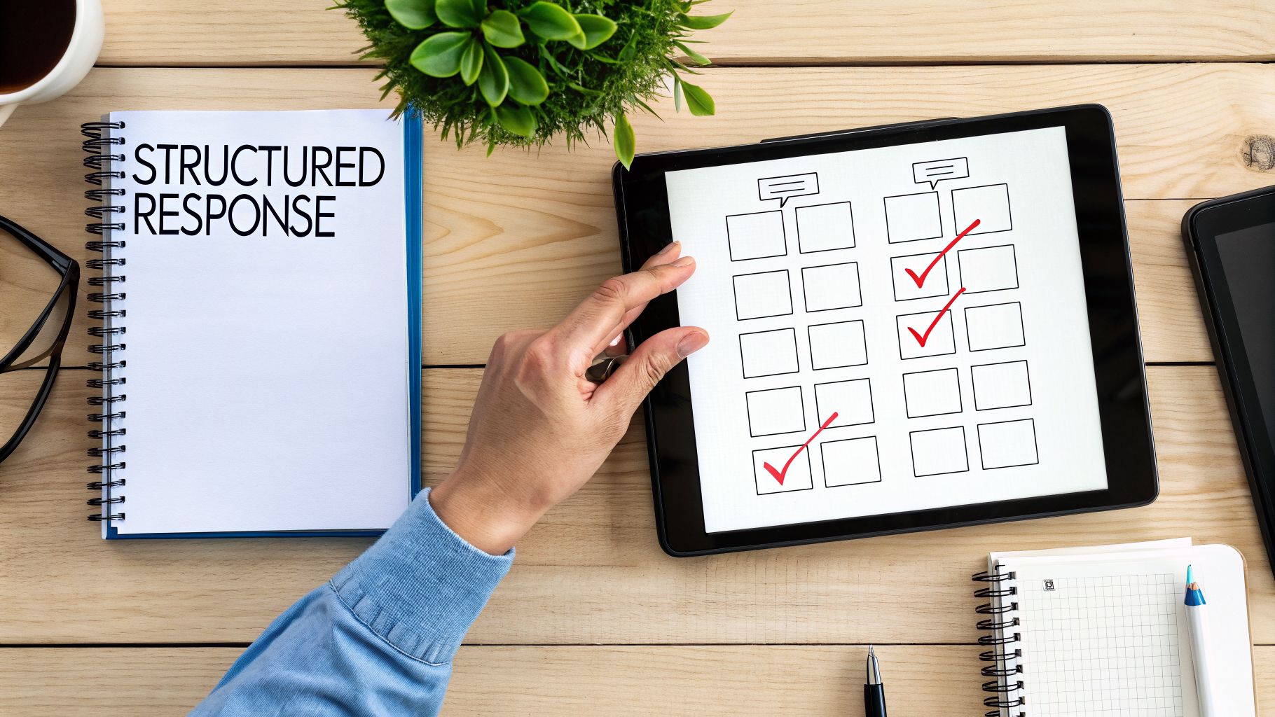 Overhead view: hand on tablet with checklist, beside 'STRUCTURED RESPONSE' notebook, symbolizing a structured process.