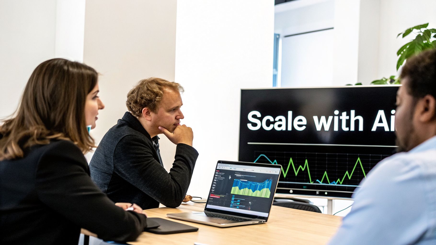Three professionals in a modern office meeting, analyzing data on laptops and a large screen with 'Scale with AI' and graphs.