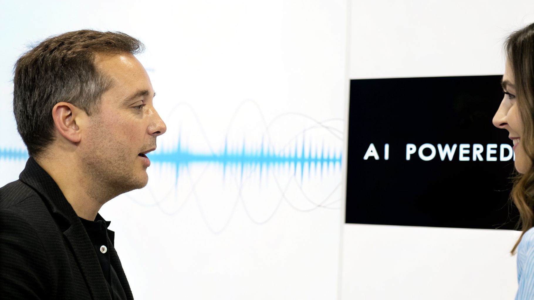 Two people interact in profile, with a screen displaying 'AI POWERED' and blue sound waves in the background.