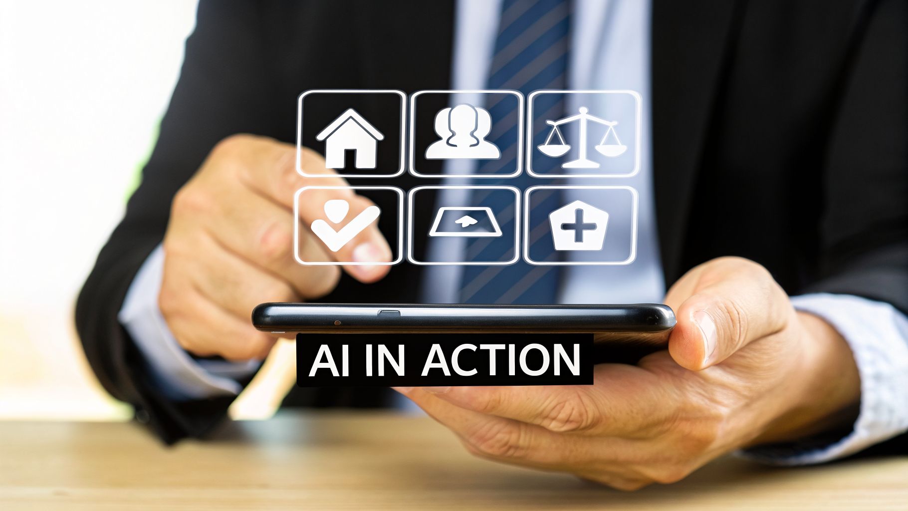 Businessman interacts with AI-powered service icons (home, legal, health) on a smartphone, showing AI in action.