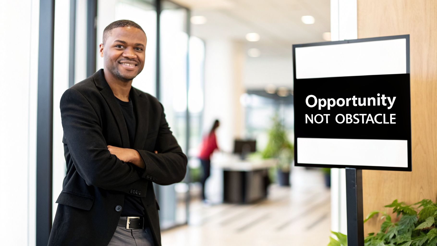 Smiling Black man in a black jacket with arms crossed next to 'Opportunity NOT OBSTACLE' sign.