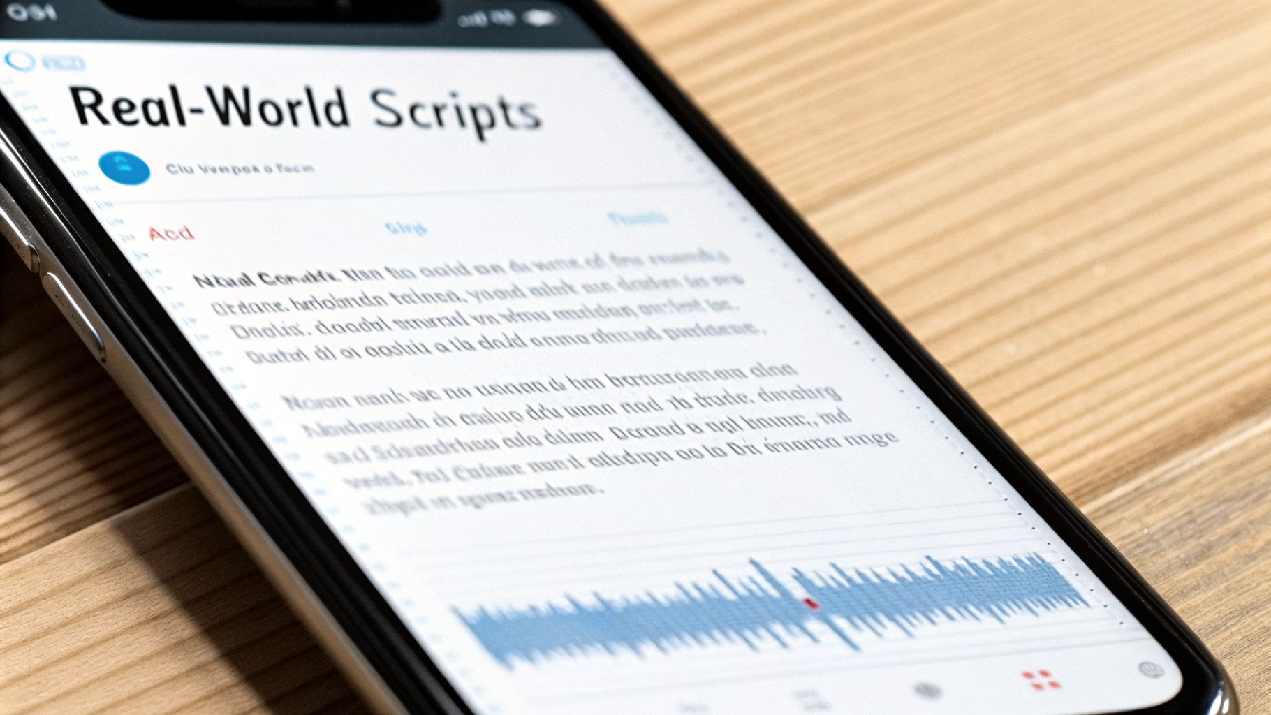 A smartphone displaying a 'Real-World Scripts' application with text and an audio waveform.