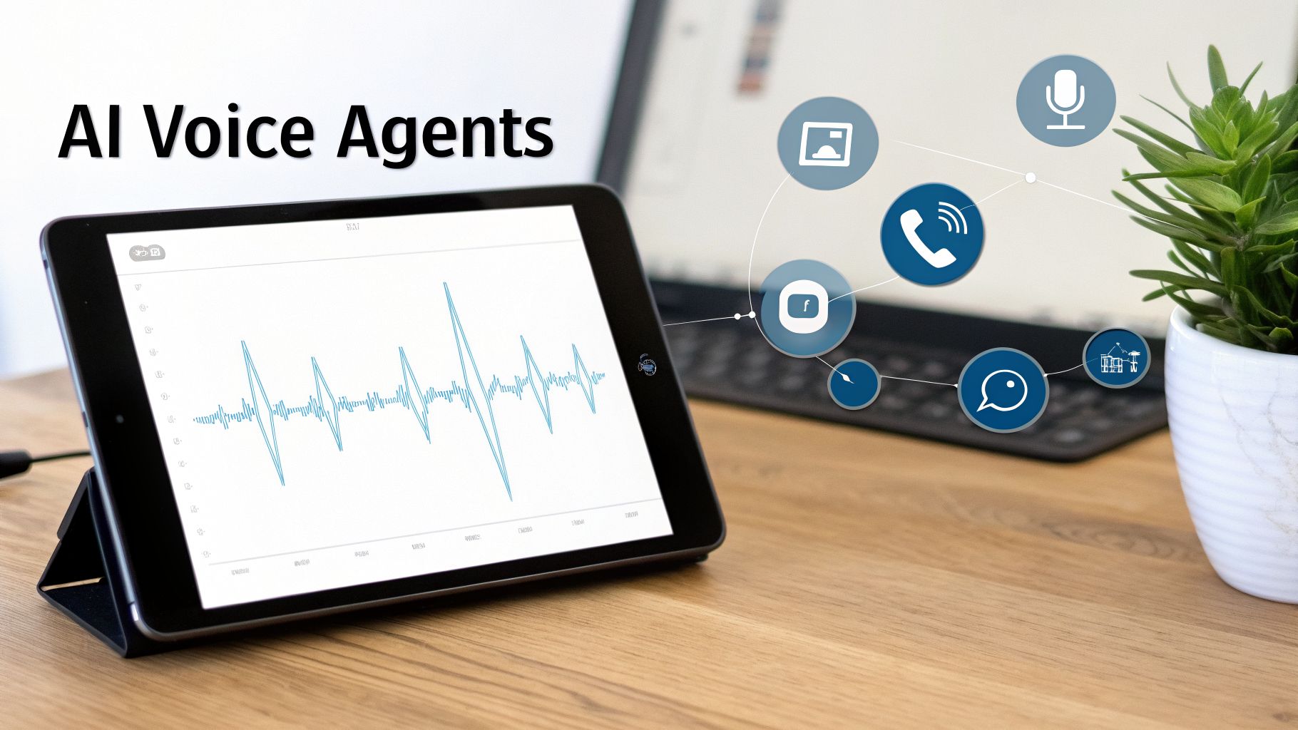 A tablet displays a voice waveform with 'AI Voice Agents' text, surrounded by interconnected communication icons.