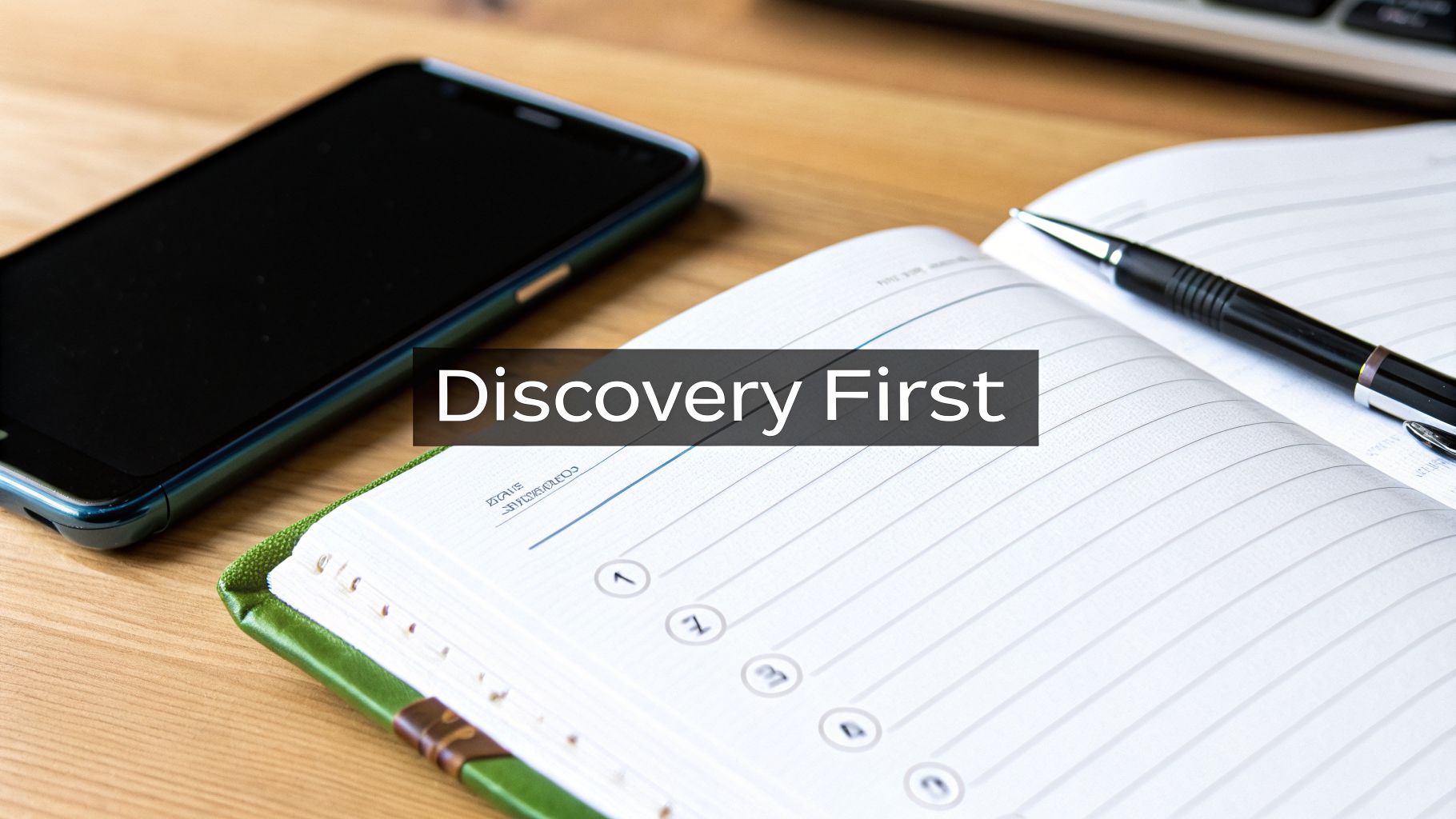 A smartphone, open notebook, and pen on a wooden desk, with 'Discovery First' text.