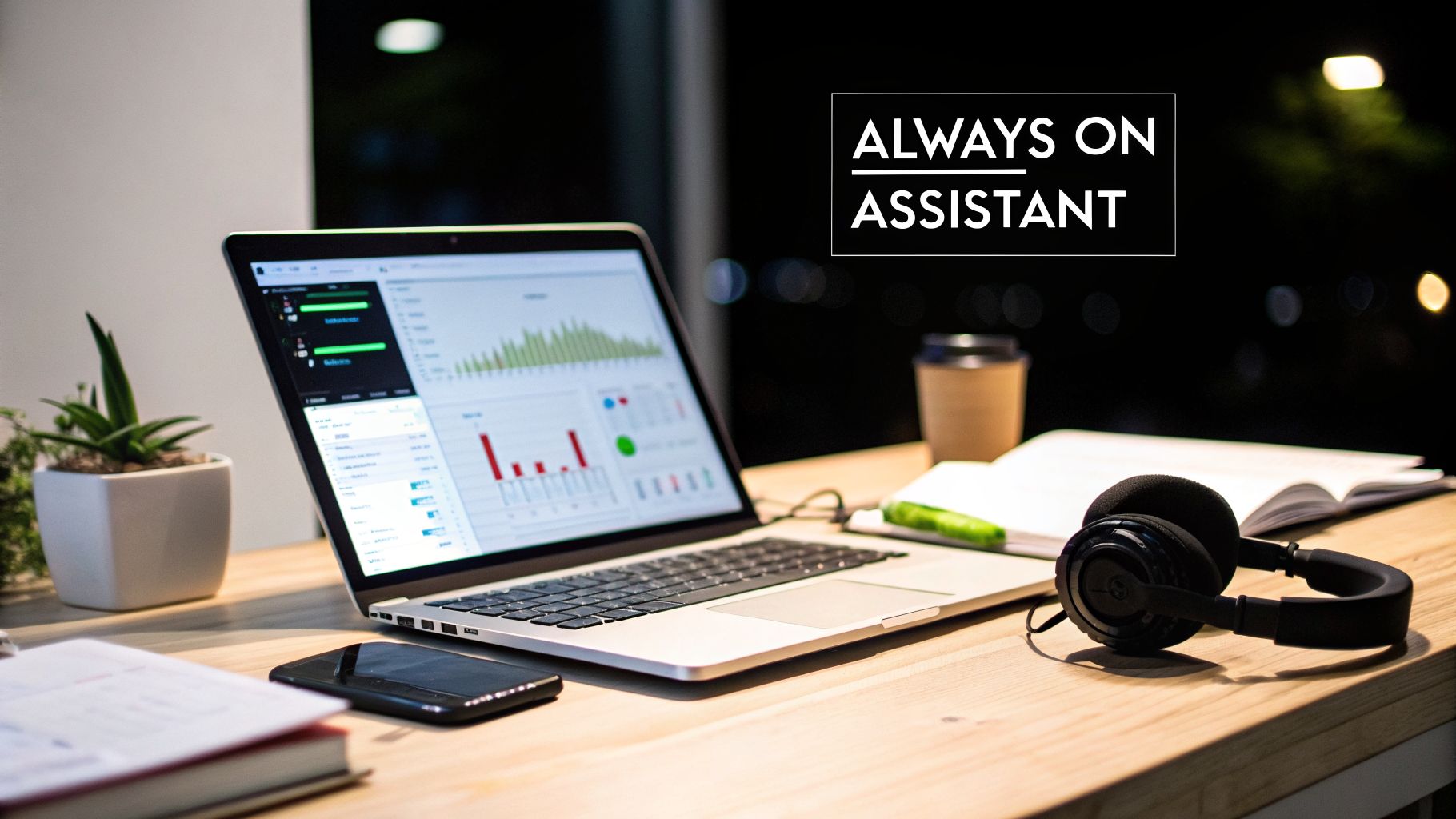 Modern workspace with a laptop displaying business analytics, headphones, a smartphone, and a coffee cup.