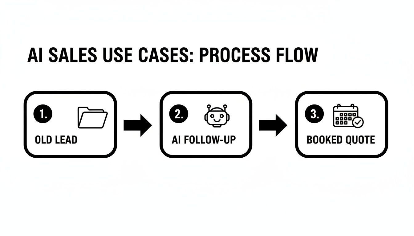 Process flow diagram illustrating AI sales use cases: old lead, AI follow-up, and booked quote.