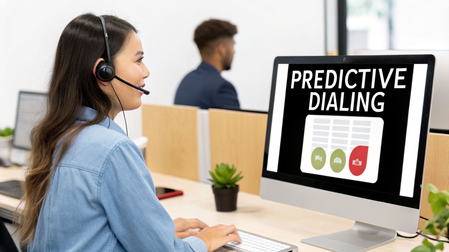 A call center agent uses a computer displaying 'Predictive Dialing' software in an office.