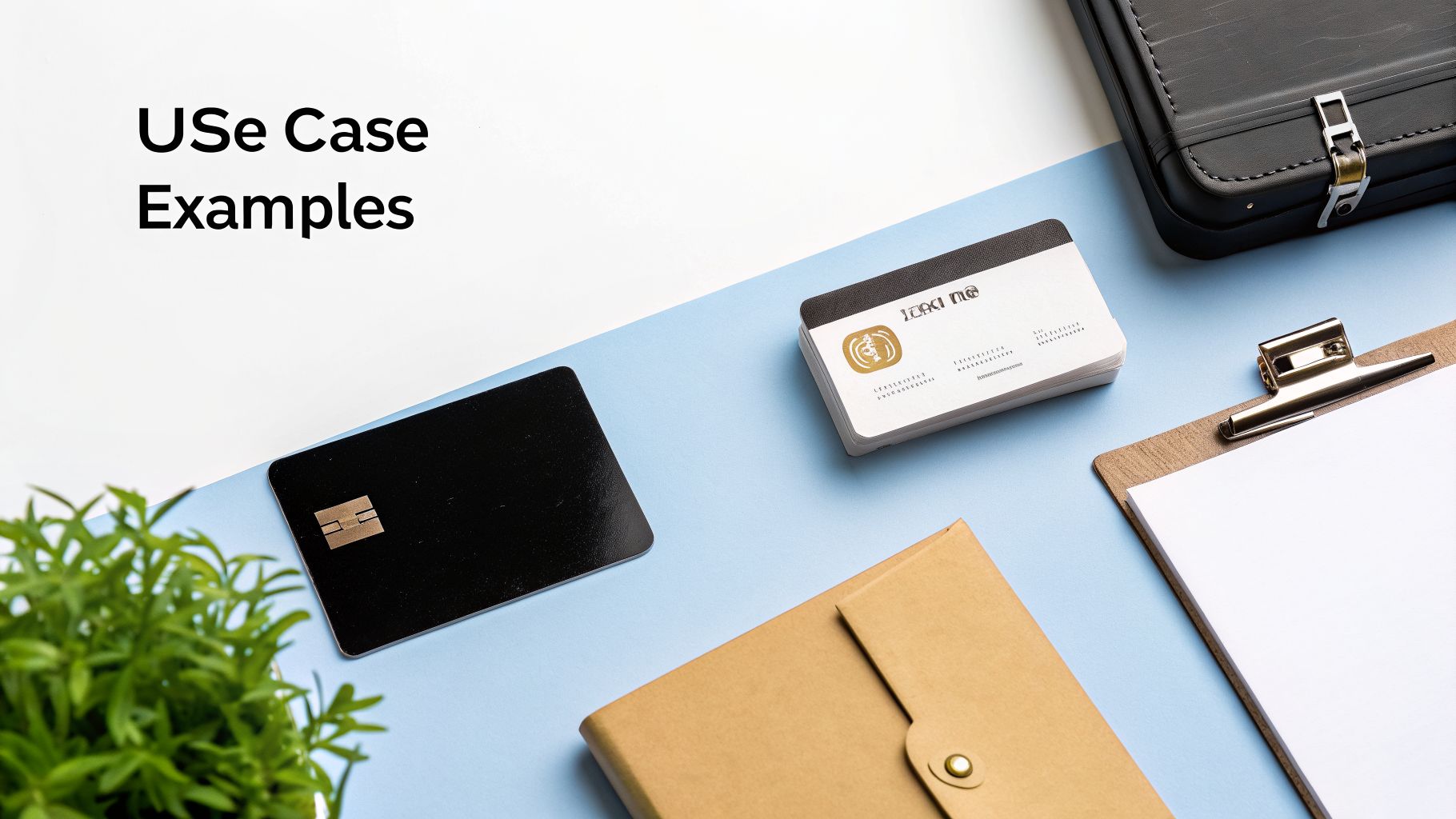 A flat lay of office essentials including cards, a briefcase, and a clipboard on a white and blue background.