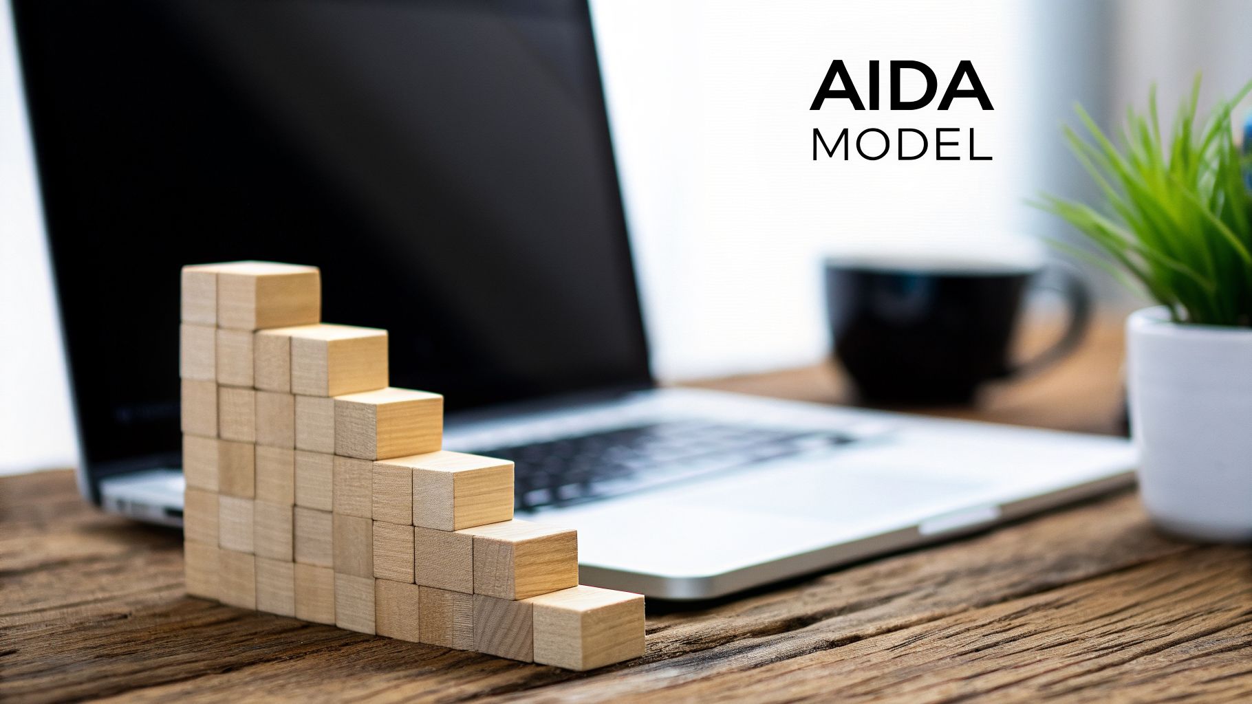 Wooden blocks forming a growth chart next to a laptop, with 'AIDA MODEL' text and a coffee cup.
