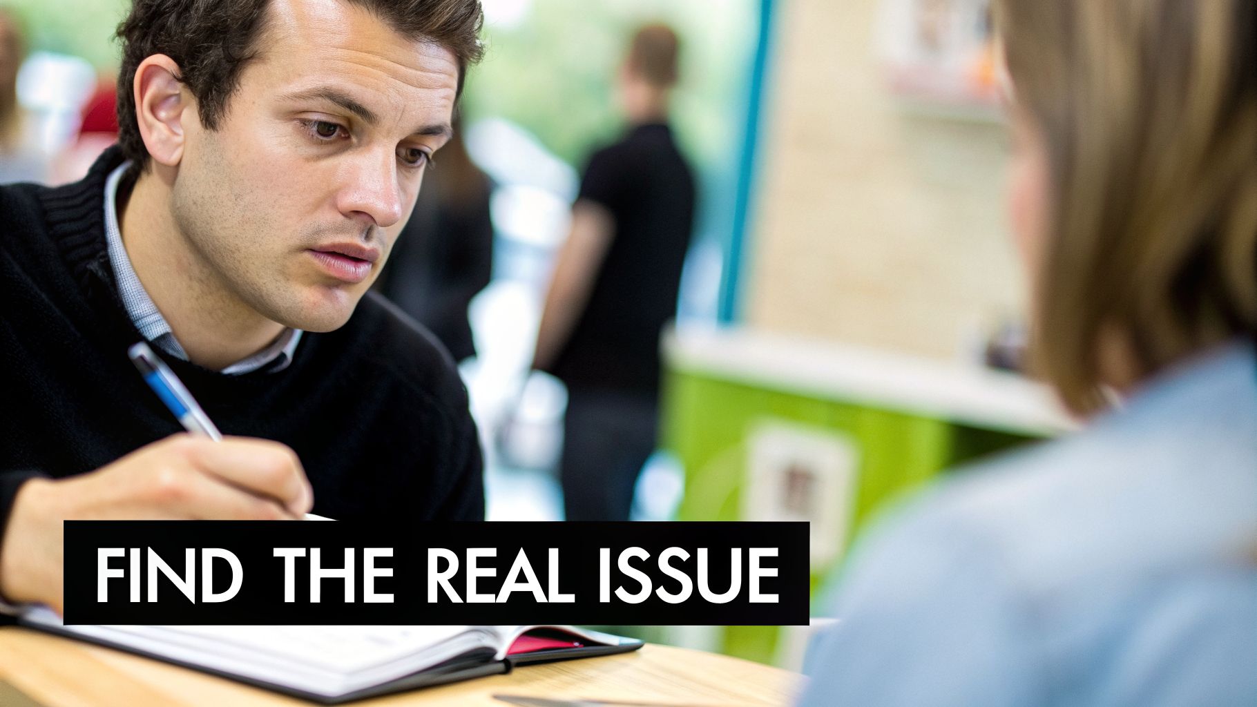 A focused man intently writing on a notepad while consulting with another person.