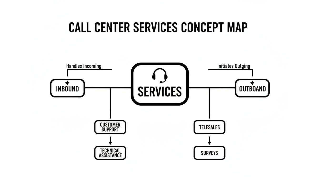 A concept map illustrating call center services, divided into inbound and outbound activities with sub-categories.