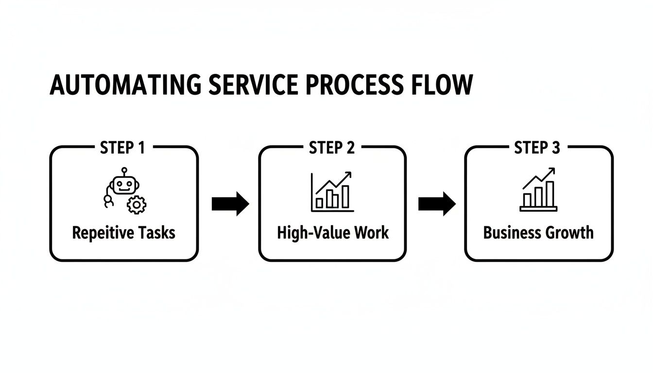 A three-step diagram illustrates automating service process flow from repetitive tasks to business growth.