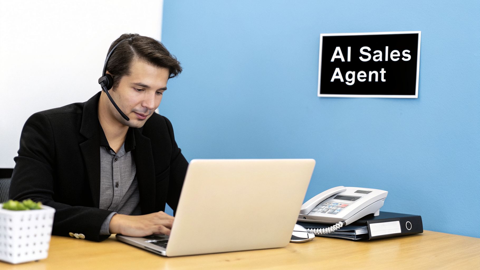 A professional man in a headset works on a laptop, with an 'AI Sales Agent' sign.