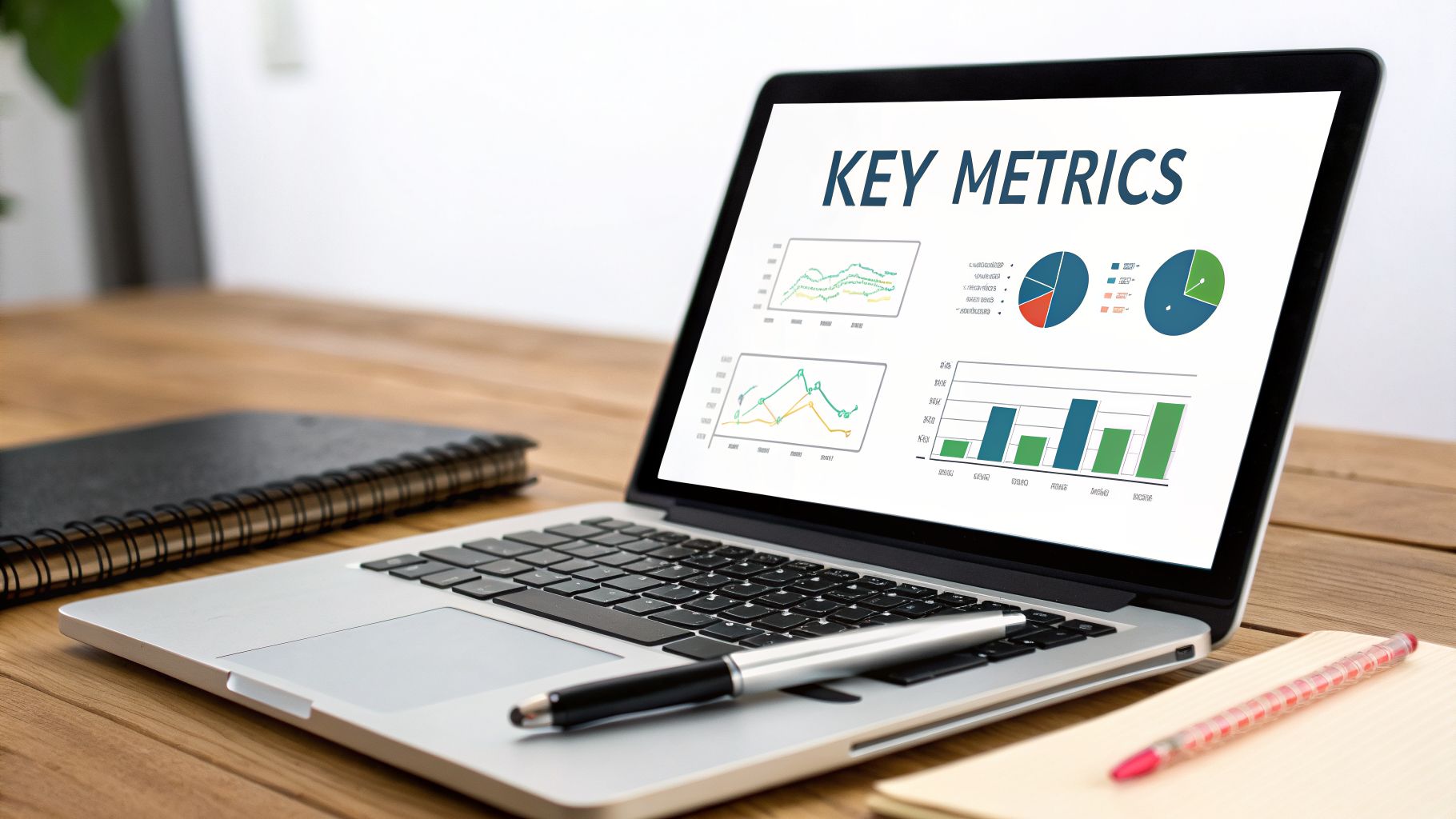 A laptop displaying a 'KEY METRICS' dashboard with various data charts on a wooden desk.