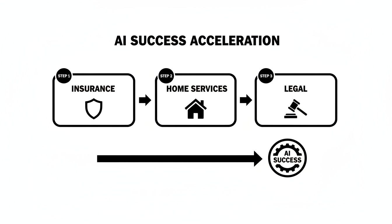 Flowchart illustrating AI success acceleration across insurance, home services, and legal industries.
