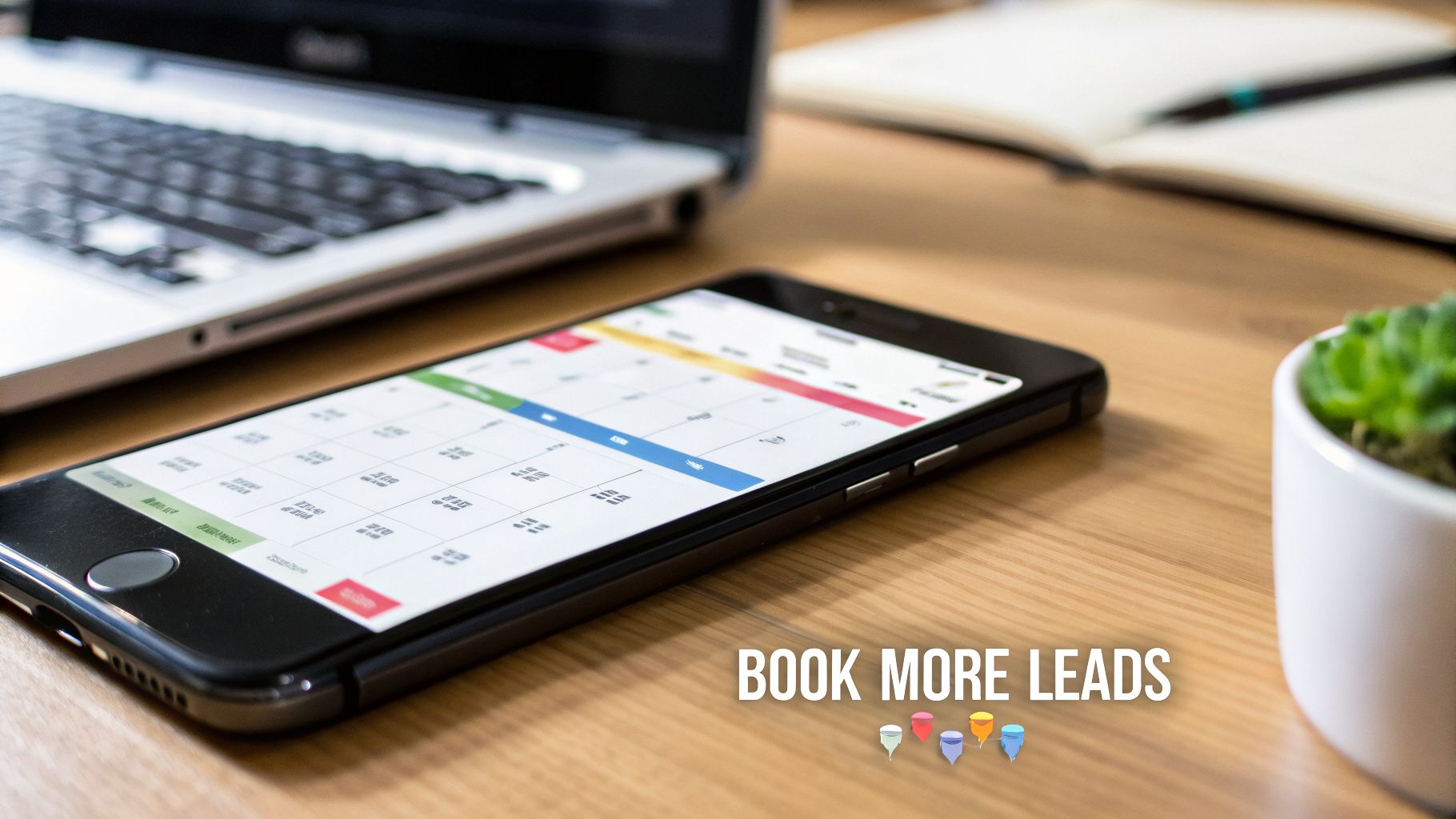 A smartphone displaying a calendar app on a wooden desk with a laptop and plant, suggesting business planning.
