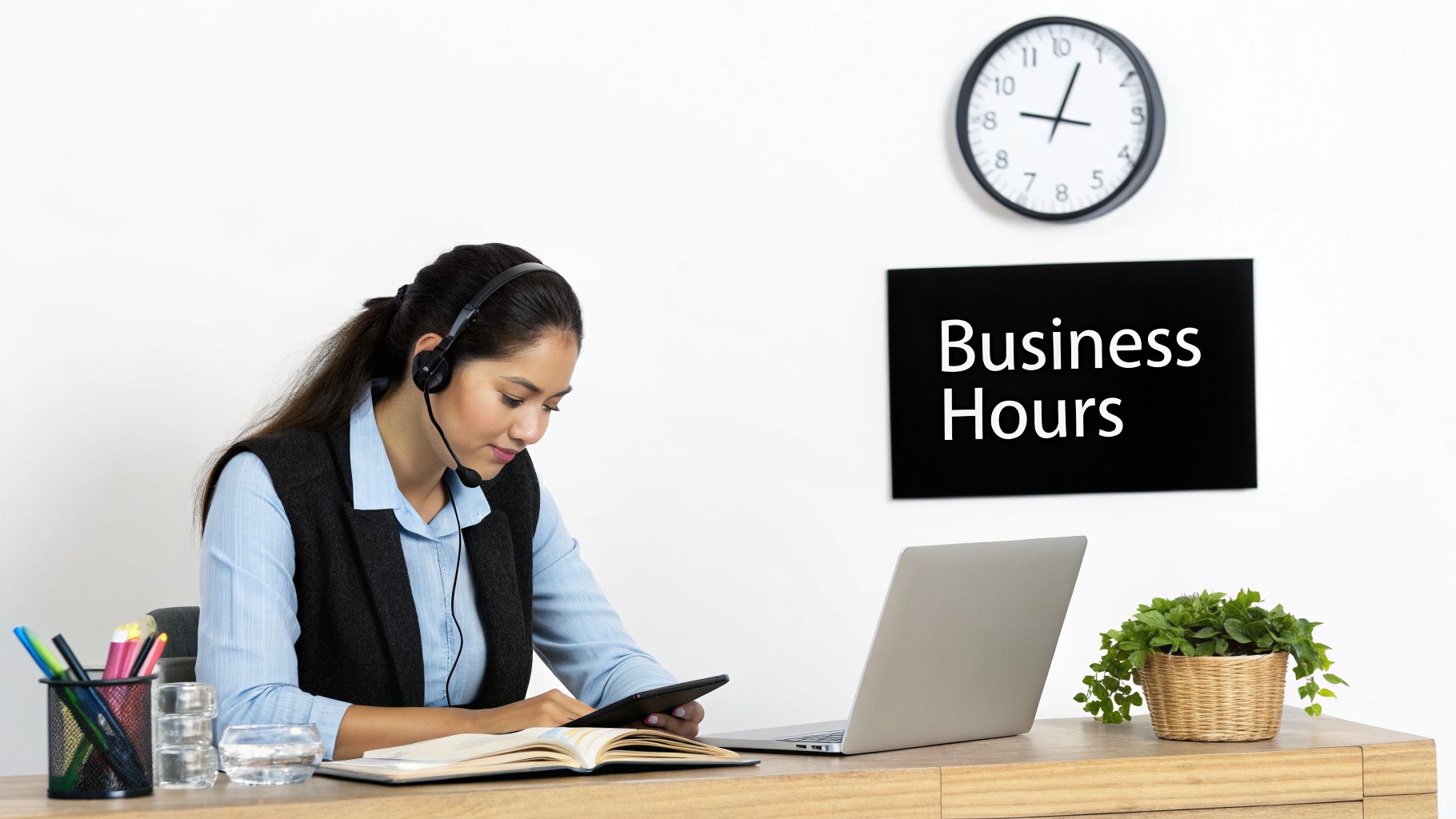 A call center agent wearing a headset works at a desk with a laptop and 'Business Hours' sign.