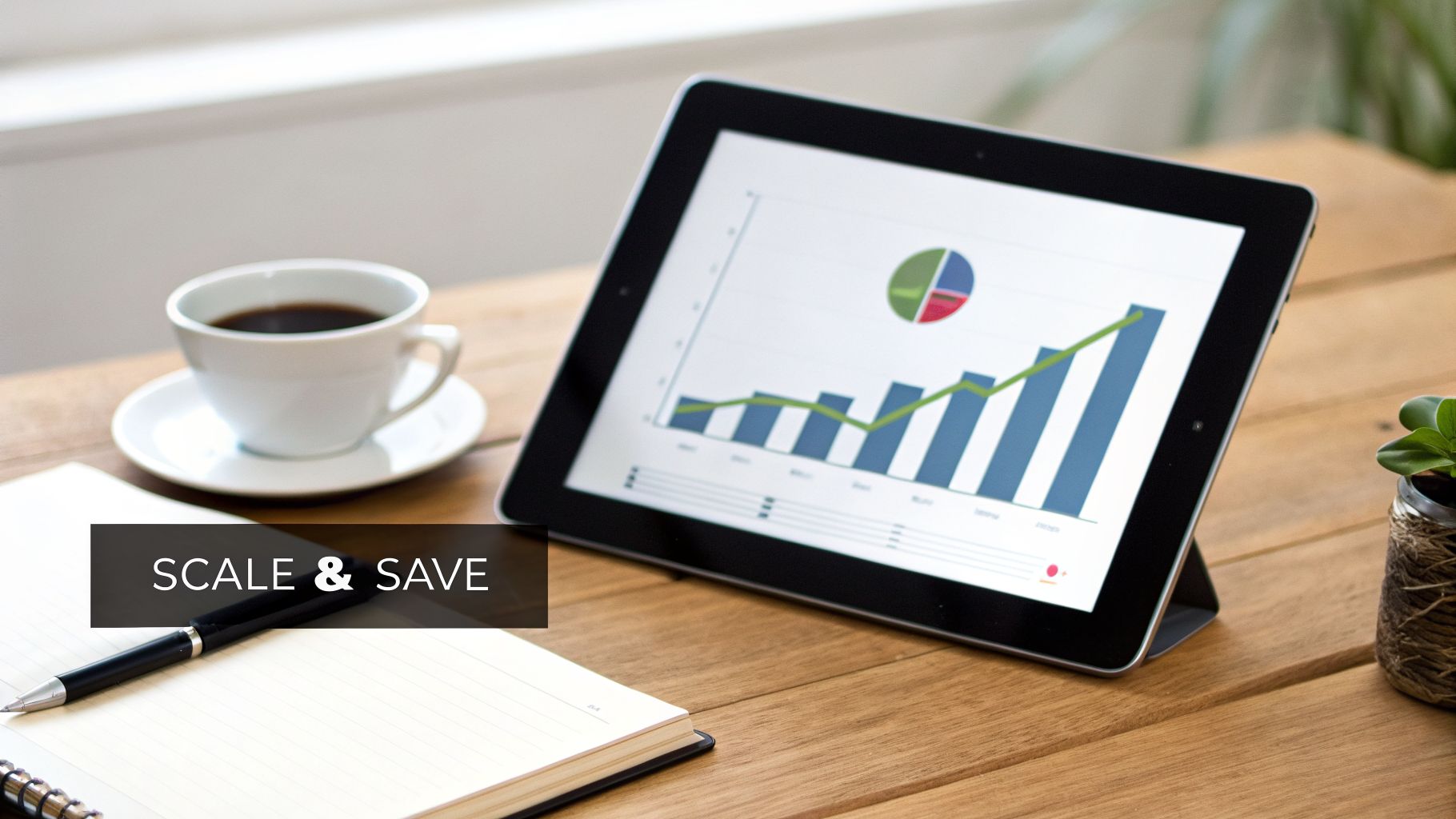 A workspace featuring a tablet displaying business graphs, a coffee cup, notebook, and a pen with "SCALE & SAVE" text.